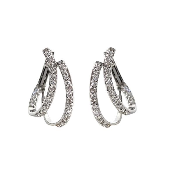 デザインピアス 18金ホワイトゴールド 2連 フープピアス ダイヤモンド 両耳 輪っか バネチャッチ...