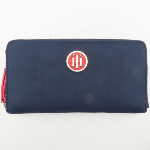 M03 TOMMY HILFIGER トミーヒルフィガー ロゴ ナイロン/レザー ラウンドファスナー 長財布 ネイビー/レッド｜daifugo888