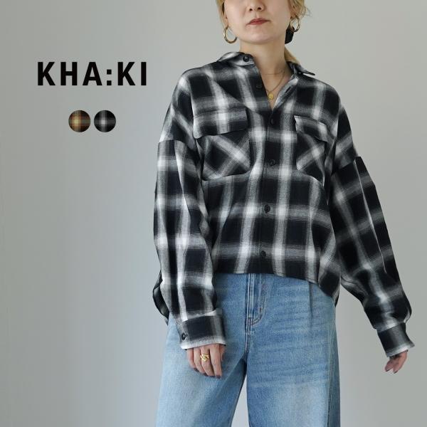 KHA:KI（カーキ） オンブレ チェックシャツ / レディース ブラウス 長袖 柄 綿 コットン ...