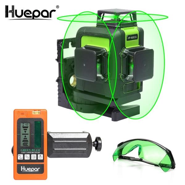 Huepar 12ライン グリーン レーザー墨出し器+受光機セット　 レーザー クロスラインレーザー...