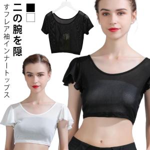半袖 重ね着 レース 付け袖 隠し 二の腕 レイヤード Tシャツ 薄手 シアー フリル袖 フリル ショート丈 トップス インナー 透け感 クルーネック｜daim-store