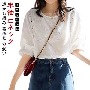 通勤 レース ブラウス レディース トップス 着痩せ 小花 半袖 可愛い Uネック クールネック 透かし編み レース 花柄 おしゃれ ボリュームスリー｜daim-store
