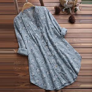 シャツ チュニック ワンピース レディース 綿麻混 前開き ブラウス トップス ロングシャツ シャツワンピース 春 夏 秋 花柄 長袖 可愛い 大きい｜daim-store