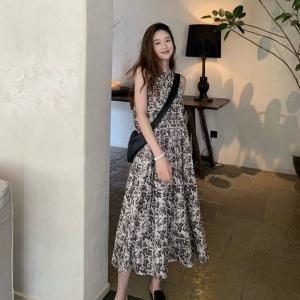 ワンピース ノースリーブ レディース ロング丈 ロングワンピ 総柄 花柄 二の腕カバー 体型カバー 薄手 きれいめ 大人｜daim-store
