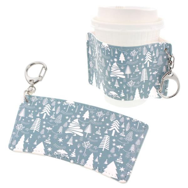 クリスマス カップスリーブ 合皮レザー製 紙カップカバー デザインC ライトグリーン×ツリー 大王製...