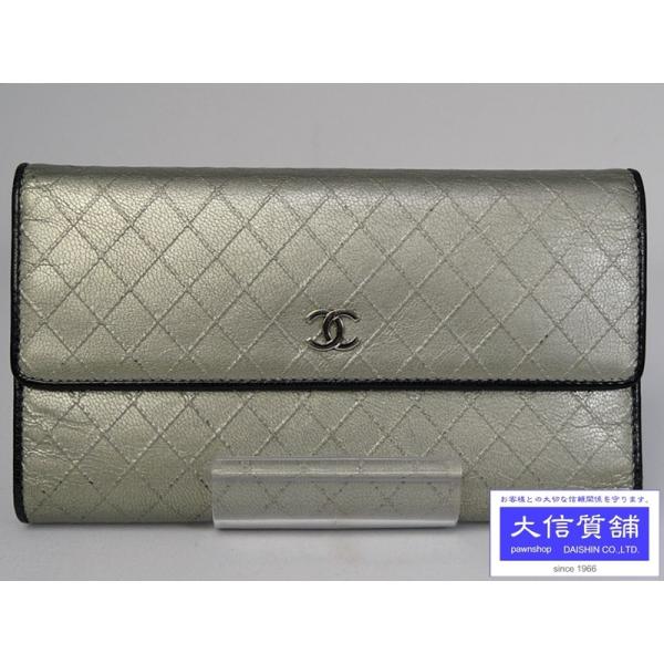 CHANEL シャネル ビコローレ 三つ折り長財布 マトラッセ シルバー 中古B A-4684 【送...