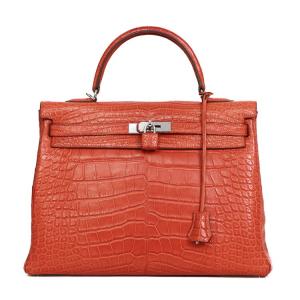 HERMES ケリー 35 ハンドバッグ 内縫い アリゲーターマット クロコダイルレザー ルージュインディアン シルバー金具 □O刻 ブランドバッグ 5s48517HC4【中古】
