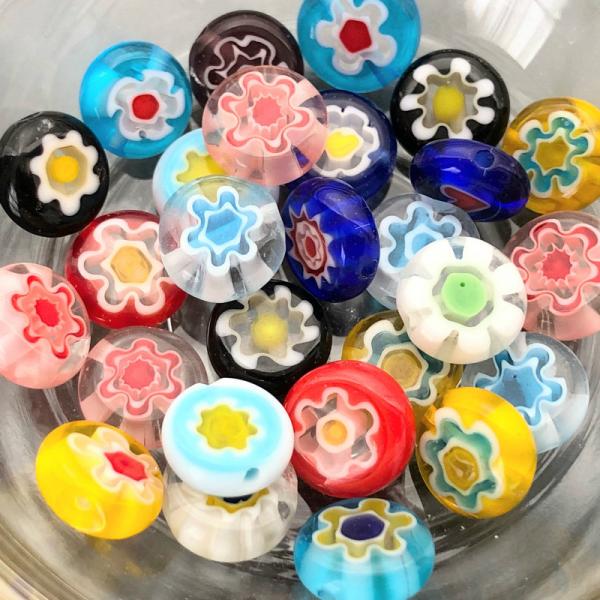 『4パック分おまとめセット』 ガラス ビーズ 和風ミルフィオリ フラットラウンドミックス 約8x8x...