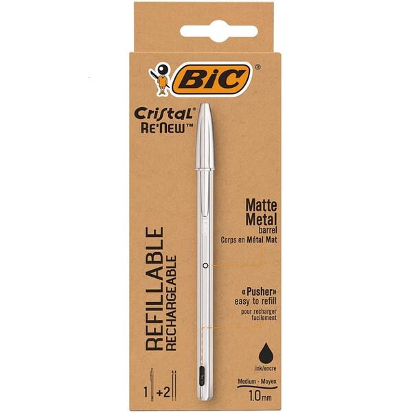 BIC ビック 油性ボールペン クリスタル Re&apos;New 1.0mm 黒 リフィル2本入 アルミニウ...