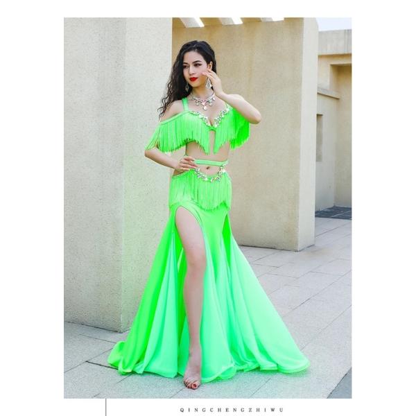 ベリーダンス衣装 パフォーマンス用ラグジュアリー3点セットブラ・ロングスカート・ストーン付きベージュ...