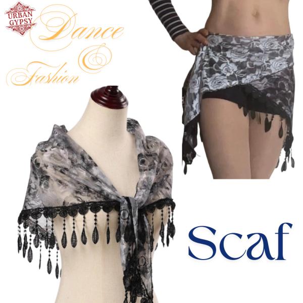 ベリーダンス ヒップスカーフ ブラック レース トライアングル タッセル ショール マンティラ ベー...