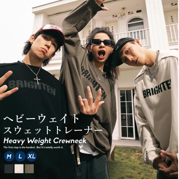 オーバーサイズ ドロップショルダー ヘビーウェイト クルーネック スウェットシャツ トレーナー メン...