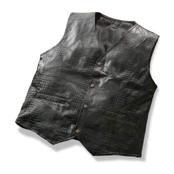 クロコ型押しラム革 パッチワークベスト（黒） - ダンディクラブ