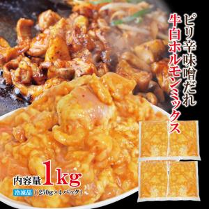 送料無料 牛白ホルモンミックスピリ辛味噌だれ1ｋｇ　冷凍品 500ｇ×2袋 シマ腸　小腸　ミノ　2セットご購入でおまけ付｜そうざい 男しゃく