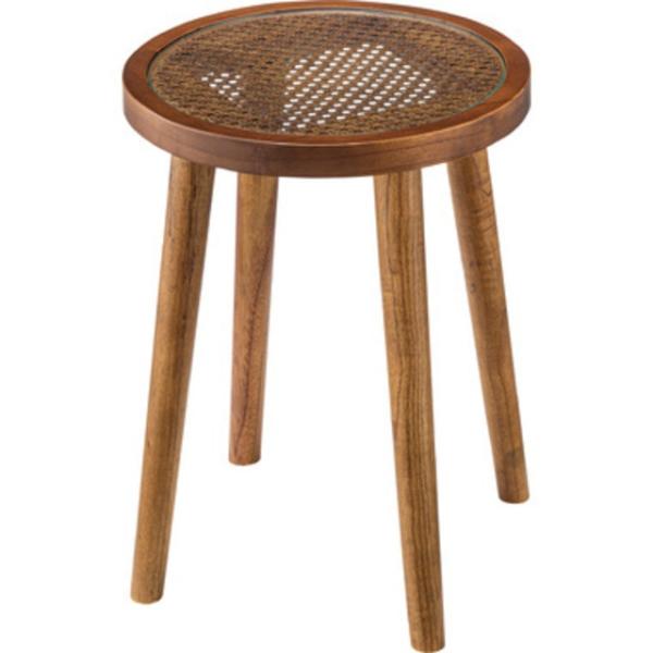 高級木材ミンディとラタンのラウンドガラステーブル S カジュアル モダン 北欧 サイドテーブル ガラ...