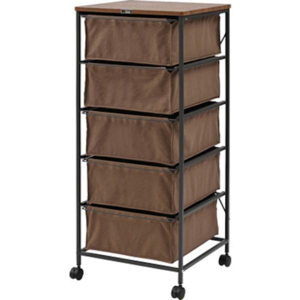 木目調天板と黒アイアン脚のキャンバスチェスト 5段 キャスター付き カジュアル モダン 北欧 ナチュ...