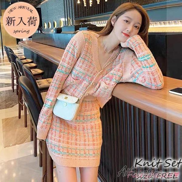 ニットワンピースセット レディース 40代 秋冬 長袖 ニットカーディガン チェック柄 タイトスカー...