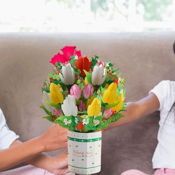 母の日のグリーティングカード 花束 カードアップ 感謝祭用カード 記念日フェスティバル チューリップ...
