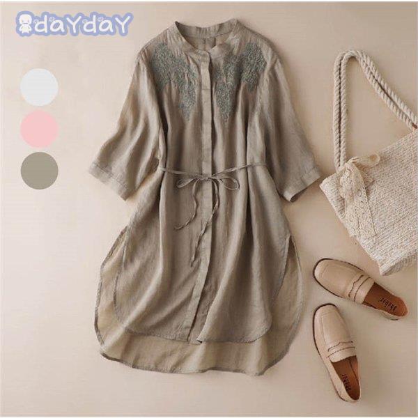 綿麻混ワンピース レディース 40代 夏 春 トップス ロングシャツ チュニック ゆったり シャツワ...