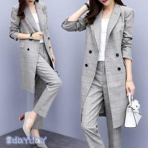 セットアップ レディース 40代 春秋 セットアップフォーマル チェック柄スーツジャケット ロングパンツ 上下セット 通勤 30代 50代 オシャレ 着痩せ 大人 新作