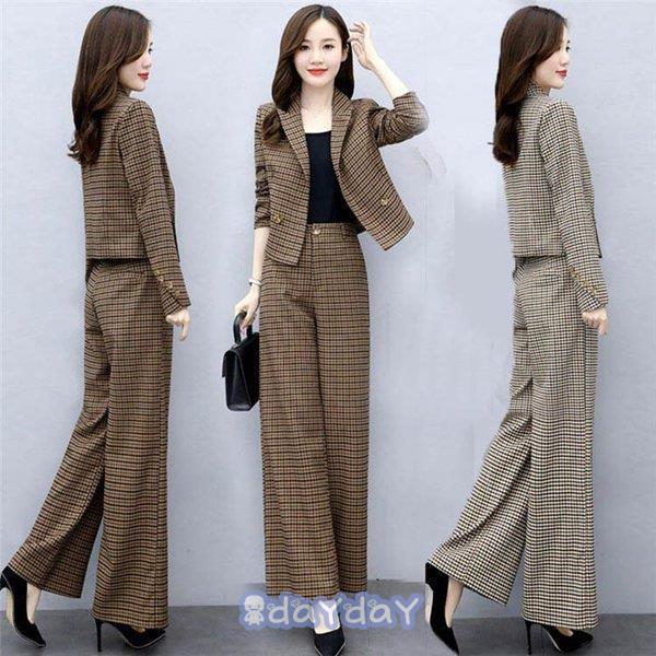 セットアップ スーツパンツ レディース ワイドパンツ スーツジャケット 2点セット チェック柄 40...