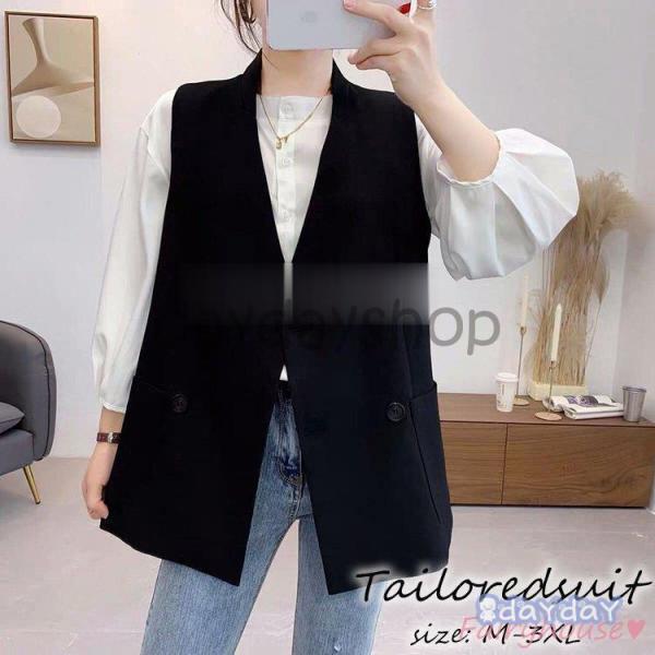 スーツジャケット レディース 秋服 ベスト スーツジャケット ノースリーブレザー黒 チョッキ 前開き...