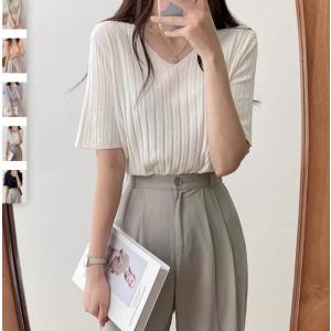 Tシャツ レディース 接触冷感 おしゃれ 可愛い ニット リブ編み ゆったり シンプル 薄手 半袖 オフィス 通勤 通学 トップス 夏新作