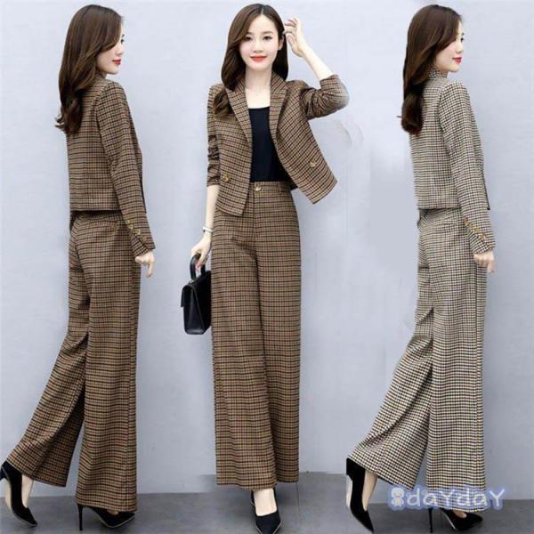 セットアップ スーツパンツ レディース ワイドパンツ スーツジャケット 2点セット チェック柄 40...