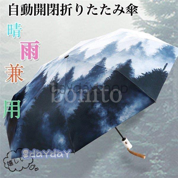 折りたたみ傘 レディース 晴雨兼用 日傘 完全遮光 uvカット 水彩模様 森 おしゃれ ワンタッチ開...
