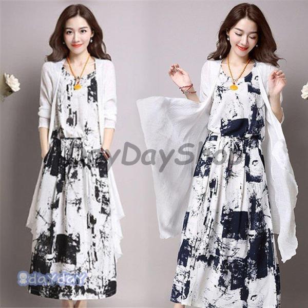 ワンピース レディース セットアップリンネル 秋 2点セット マキシワンピース 羽織 ロング 墨絵 ...