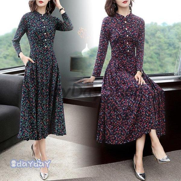 マキシワンピース レディース 花柄ドレス ミモレ丈ワンピース エレガント 長袖 きれいめ タイト 3...