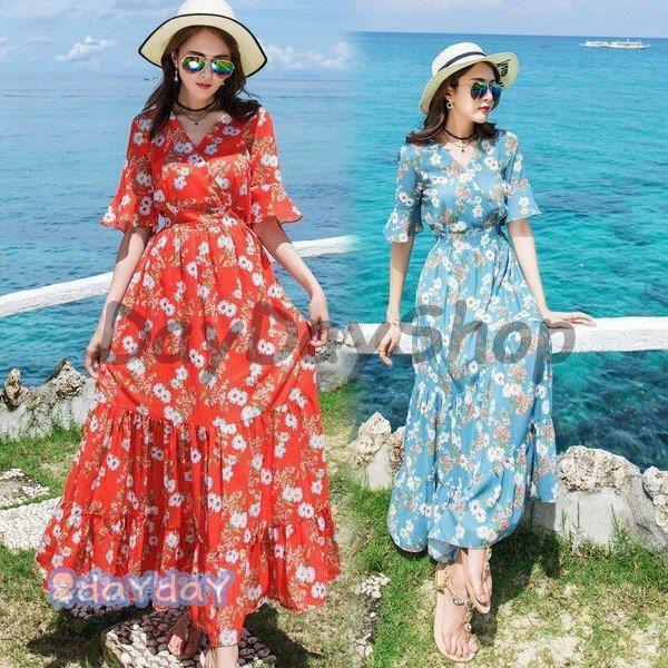 ワンピース レディース 夏 40代  シフォン 花柄 マキシワンピ ロング丈 5分袖 Vネック リゾ...