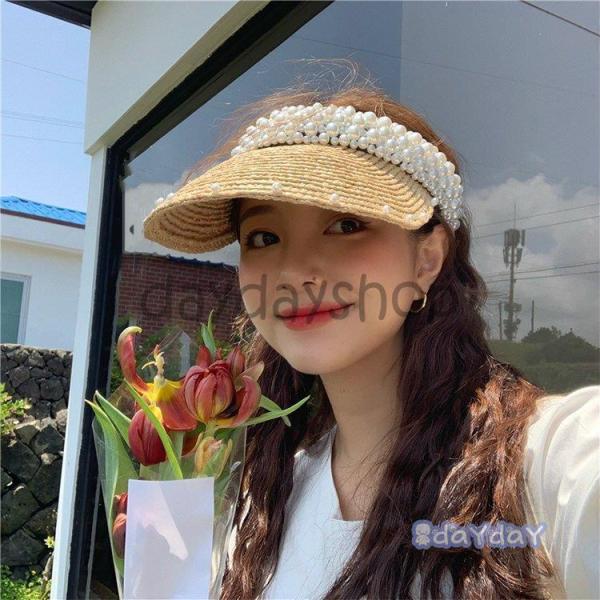 帽子 ハット ストローハット サンバイザー 小物 コーディネート 日焼け対策 つば広 パール ベージ...