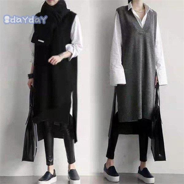 ニットベスト レディース 40代 秋服 ベストワンピース vネック 無地 ロング丈 上品 ノースリー...