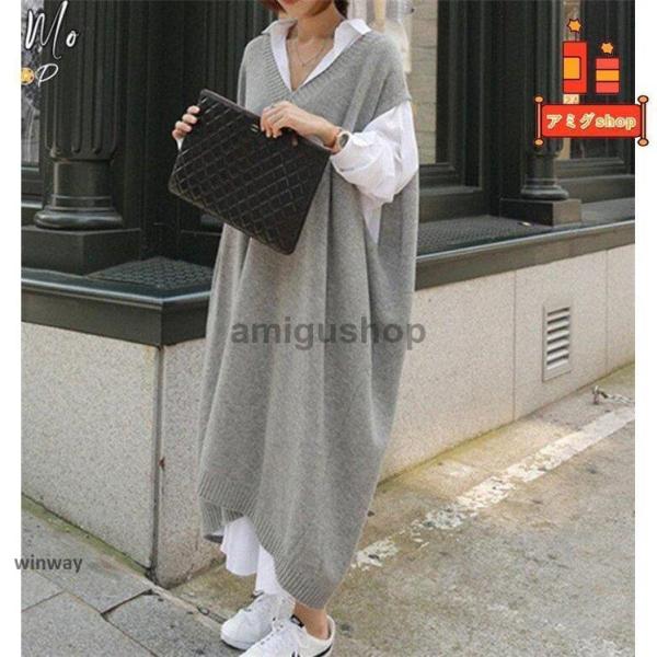 ベスト レディース ドルマンスリーブ ニット ロングベスト プルオーバー ノースリーブ 秋服 春服 ...