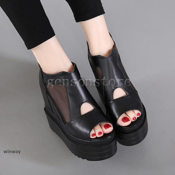 夏ブーツ メッシュ ブーツサンダル  透かし オープントゥ インヒール レディース ウェッジソールサ...