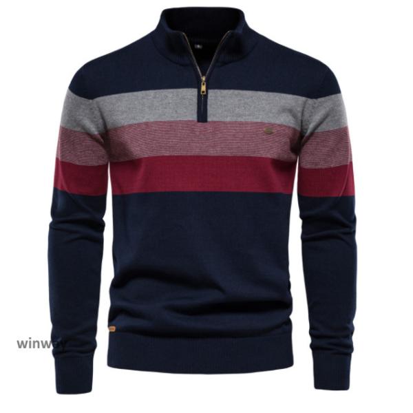 メンズ タートルネック ニットセーター 長袖ニット 秋 秋冬 ボーダー柄 ハイネック セーター ブラ...