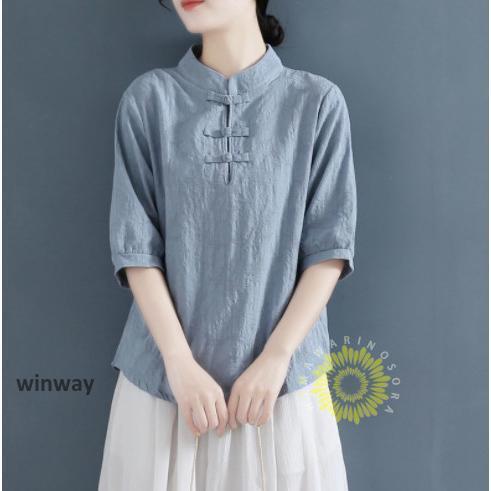 チャイナドレス風シャツ 　半袖ブラウス ６色　太極拳服 朝練 武術服 チャイナ風 リネン 春秋 レデ...