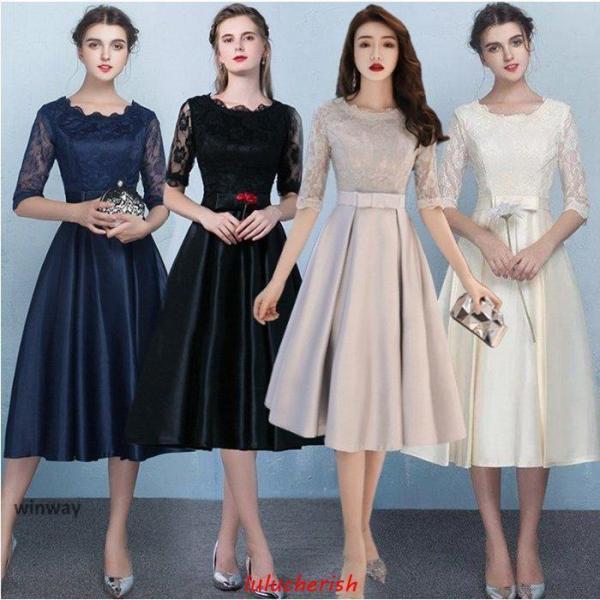 レディースドレス パーティードレス 大きいサイズ 結婚式 袖あり シフォン レース ワンピース  パ...