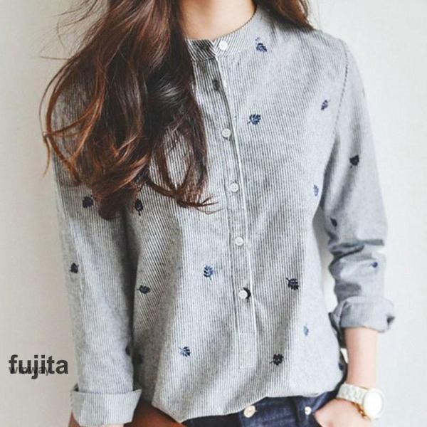 刺繍シャツ レディース ブラウス 春 秋 冬 ストライプ 長袖 コットンシャツ ボタニカル 大 新品...