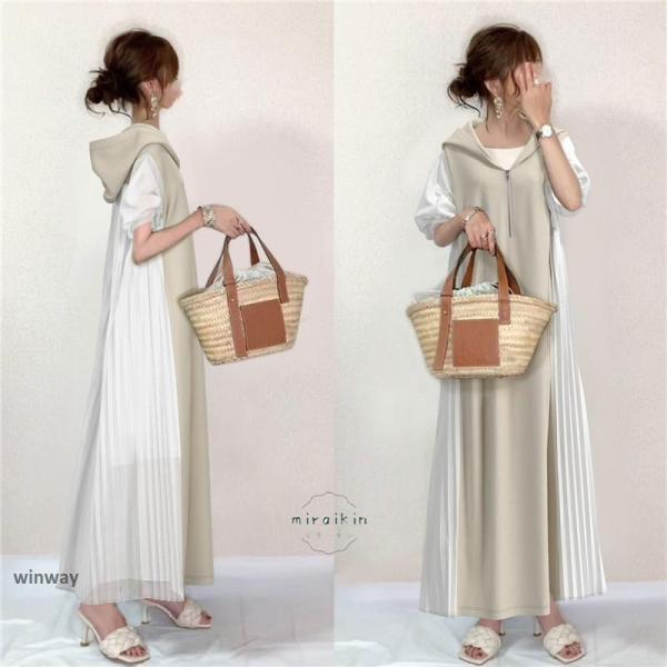 ワンピース半袖 夏物レディース ロングワンピース プリーツ 切り替え aライン vネック 無地 フー...