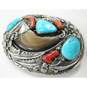 超特大の熊爪 ターコイズ インディアンジュエリー バックル F