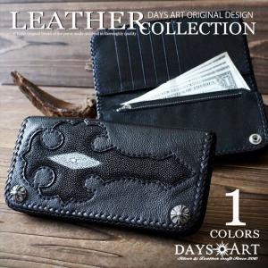 黒レザー長財布 クロスモチーフ付き 長財布 メンズ 本革 三つ折り カーフレザー ロングウォレット クロス