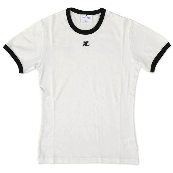 COURREGES クレージュ シグニチャーコントラスト半袖Tシャツ コットン ロゴ VESJTS0...