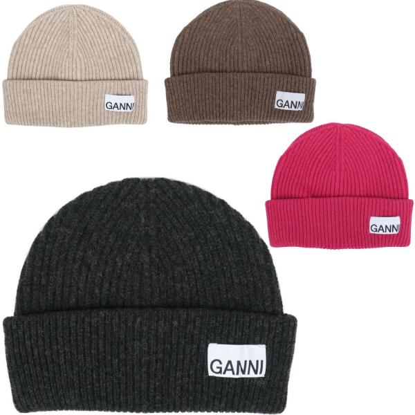 GANNI ガニー リブニットビーニー ロゴ入り ウール ニット帽 Wool Rib Knit Be...