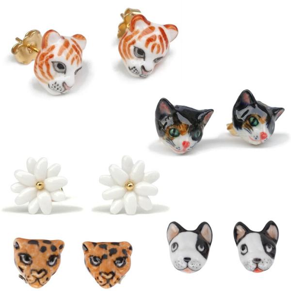 NACH ナッシュ スタッドピアス STUD EARRINGS ねこ ホワイトデイジー レオパード ...