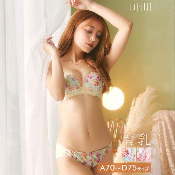 育乳ブラジャー 脇高ブラジャー ショーツ セット 補正下着 ケミカル 水彩 フラワー育乳 脇高 ブラ...