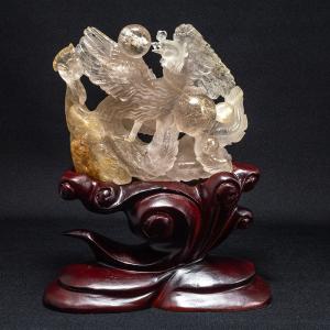 ルチルクォーツ 水晶 鳳凰 彫物 虹入り パワーストーン 風水 開運祈願 金運祈願 開運 金運 財産運 出世運 幸福 成功 天然石