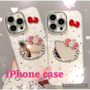 【iPhone対応】クリア ケース 耐衝撃 韓国風デザイン 薄型　送料無料 ミラー付きキティ風デコスマホケース iPhone ケース iPhone 16 iPhone 15 iPhone 14