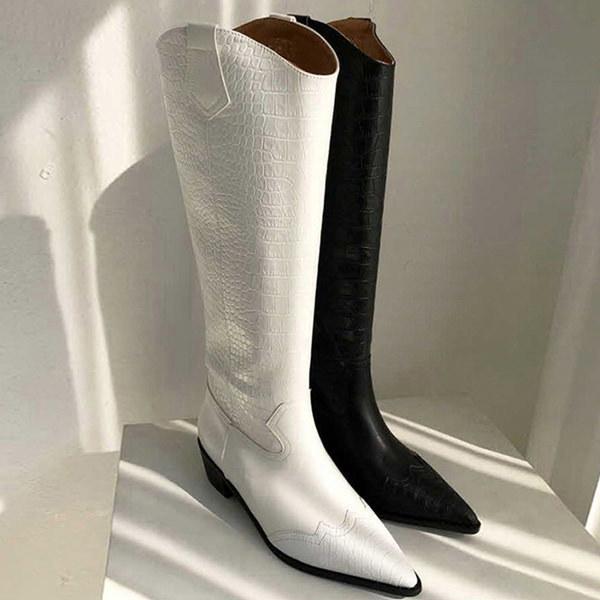 ロングブーツ ウエスタンブーツ ポインテッドトゥ 柄 クロコダイル ワニ レディース 黒 白 ブラッ...